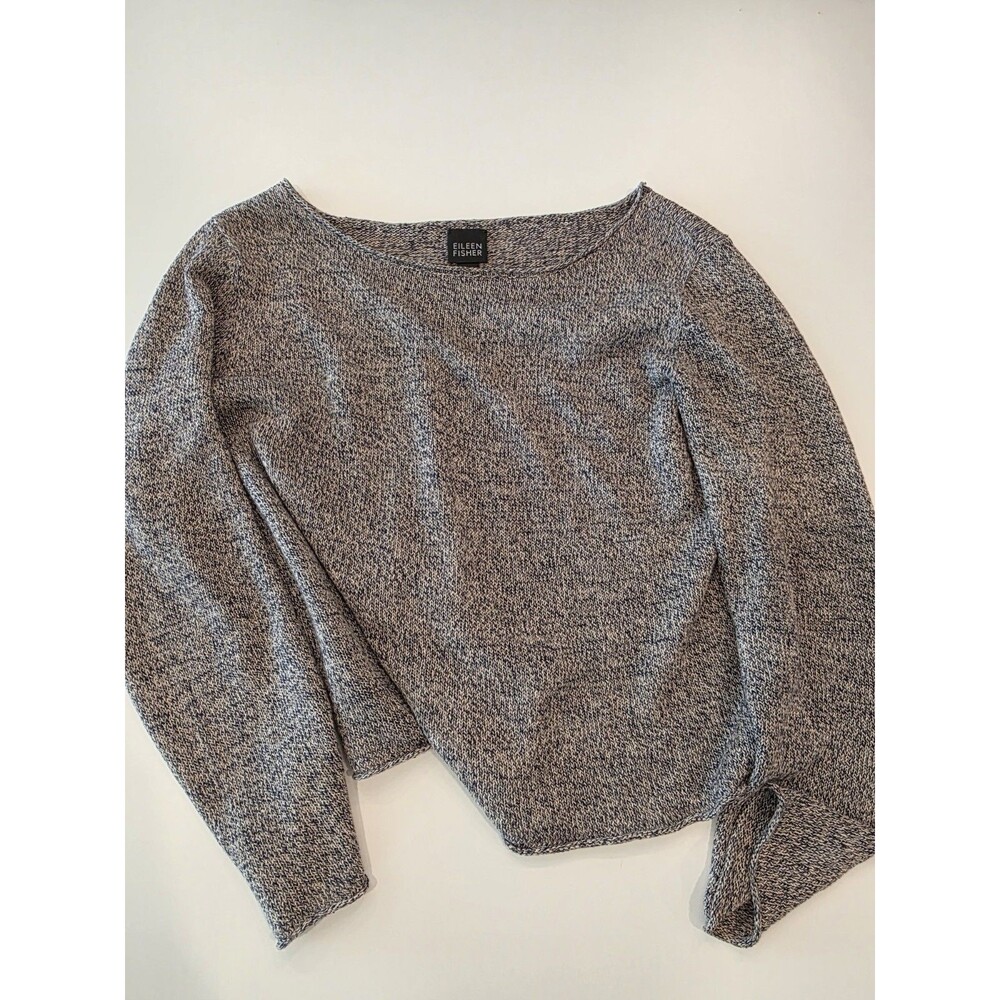 Eileen Fisher Organic Linen Slub Knit Square Top Large Roll Neck Gray Brown Boxy